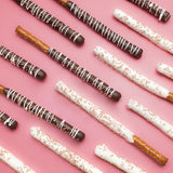 Chocolate Covered Pretzel Sticks with dark and white chocolate and sprinkles